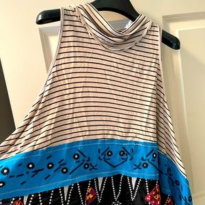 We the people sleeveless top in off white and black stripe. Blue and bead trim